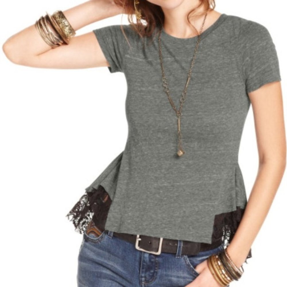 Free People Heather Gray Short Sleeve Peplum Top with Black Lace Trim Large